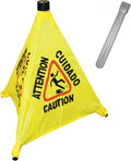 19-1/2" Pop-Up Safety Cone with Storage Tube- Multi-Lingual Caution Imprint and Wet Floor Symbol Floor Warning Sign
