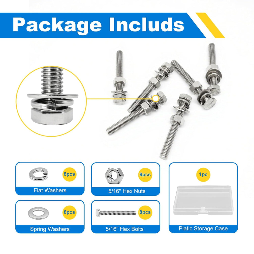 5/16-18 x 2-1/2" Hex Bolt Set with Nuts, Flat & Lock Washers - 304 SS