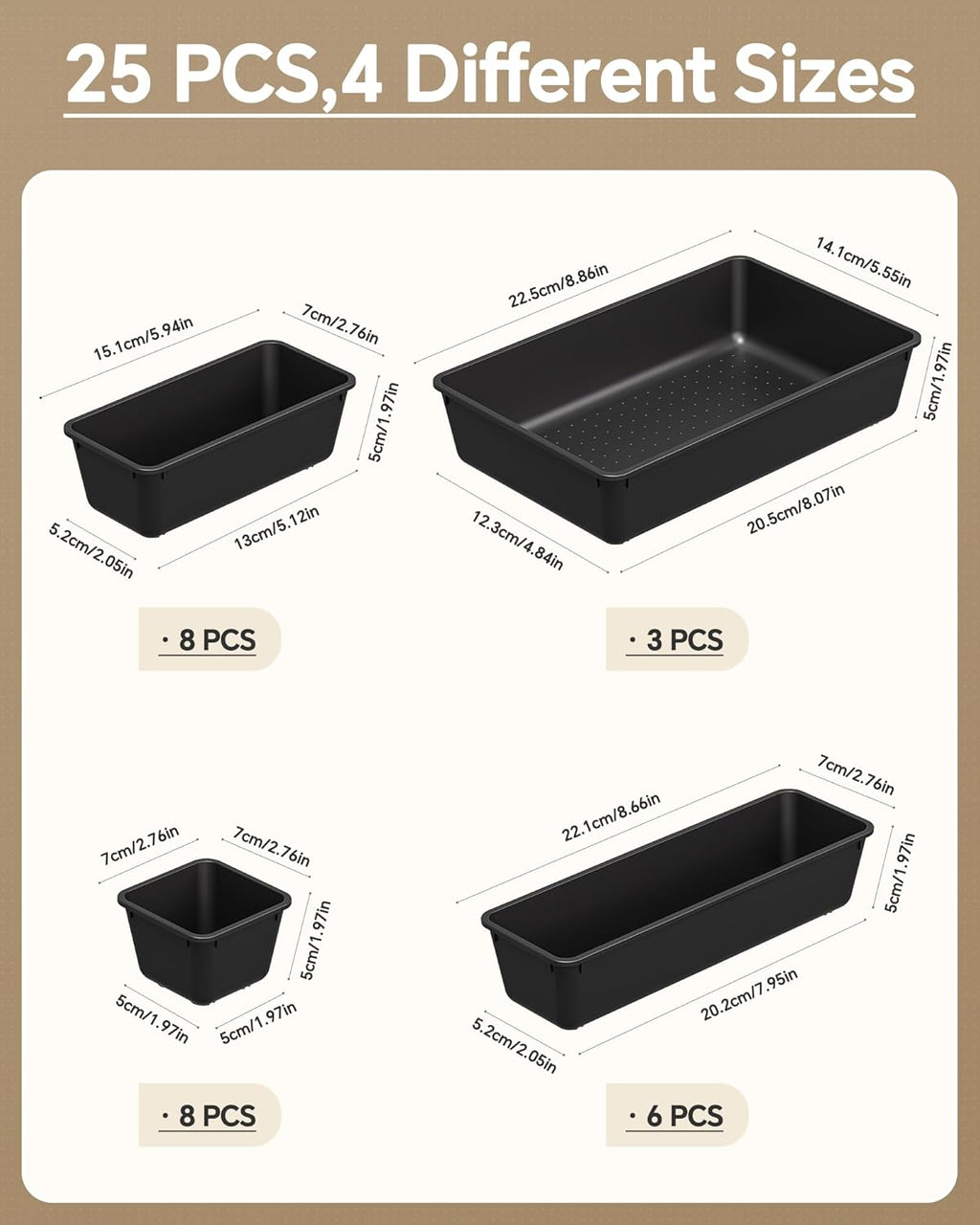 25 PCS Plastic Drawer Organizers Set, 4 Sizes Vanity Organizer, Makeup and Desk Drawer Organizer Trays, Organization