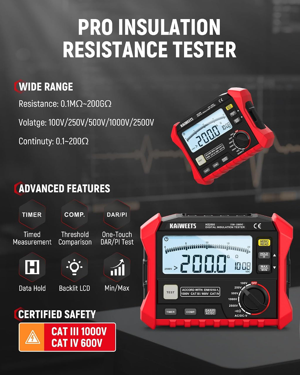 KAIWEETS Megohmmeter Insulation Tester 0.1MΩ-200GΩ 2500V DAR/PI Ohm Meter