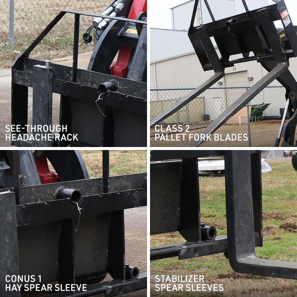 Mini Skid Steer Pallet Fork Frame, 48" Pallet Fork Blades, Universal SSQA Connection, Rated 4,000 LB, C2 Hay Spear &
