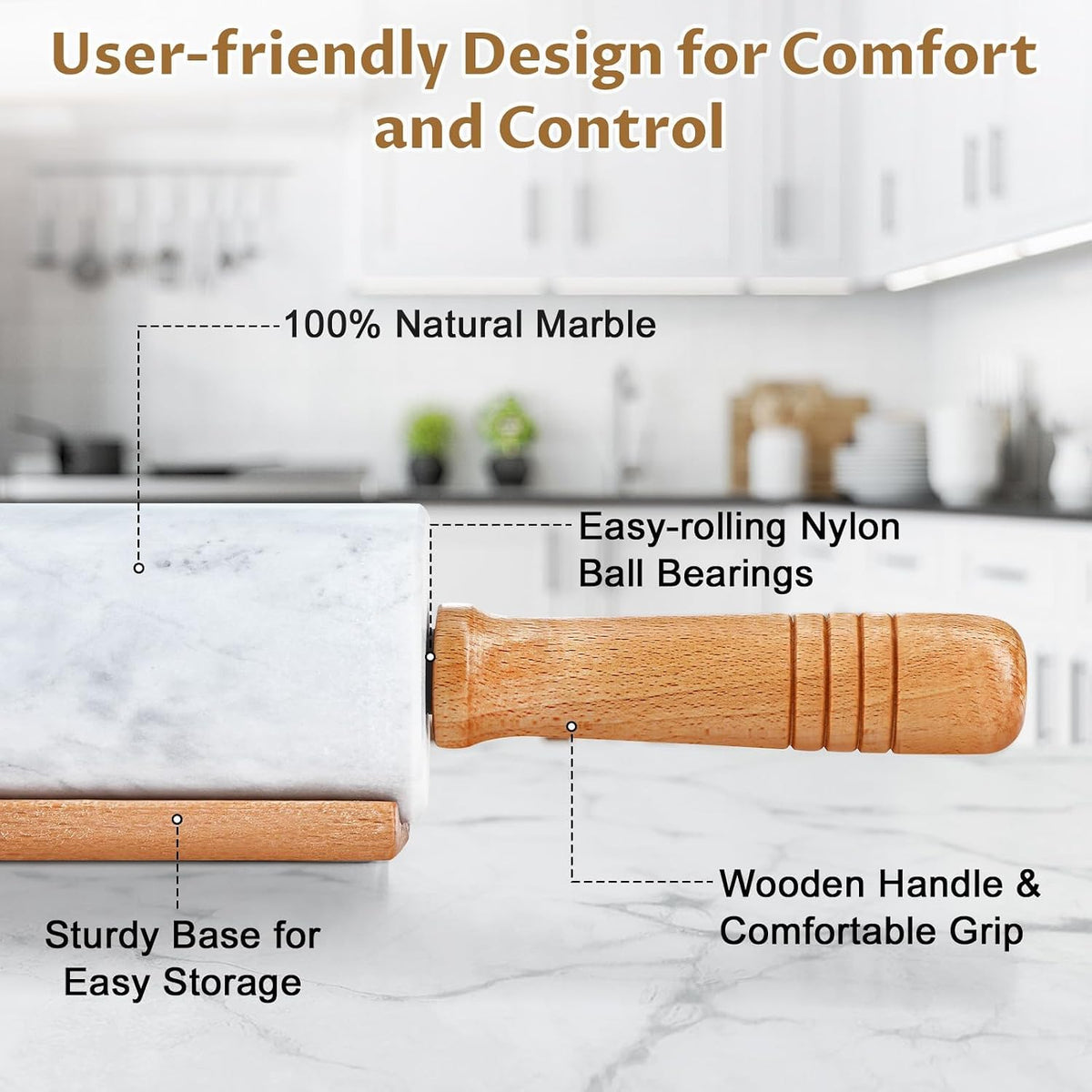 Marble Rolling Pin - 18.9" Marble Rolling Pins for Baking, Pastry, Pizza Dough & More - Polished Non-Stick Surface