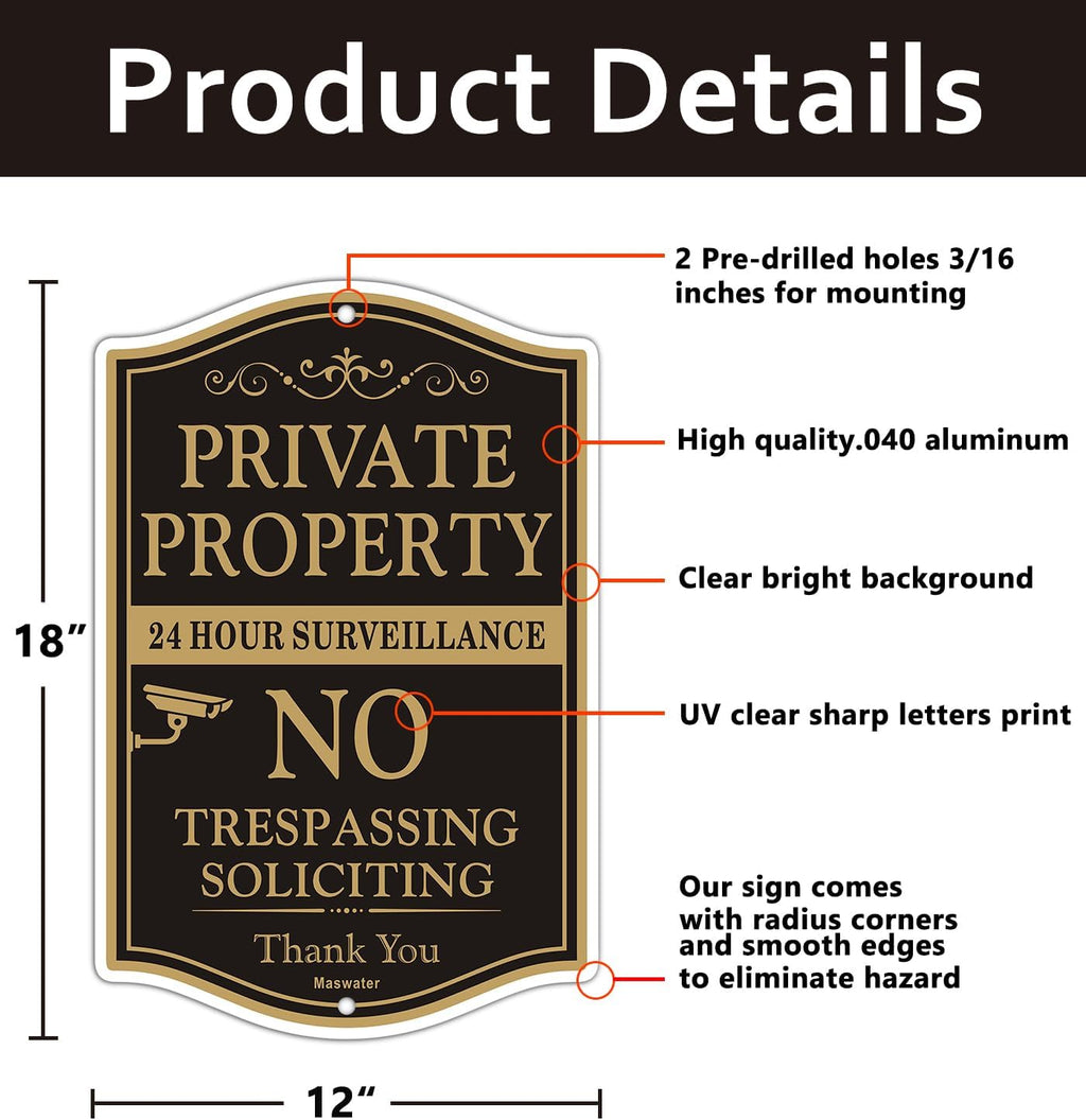 Large Private Property No Trespassing Sign, 2-Pack 12" x 18" No Soliciting 24 Hour Surveillance Yard Signs