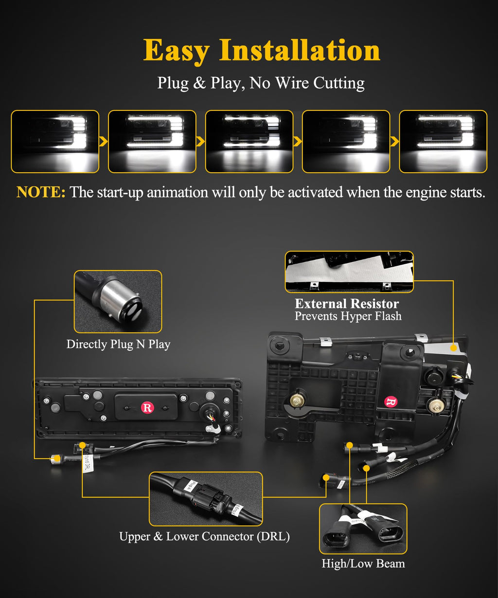 LED Headlights Assembly DOT Approved with Start Animation DRL Sequential Turn Signal Hi/Low Beam Lights Replacement