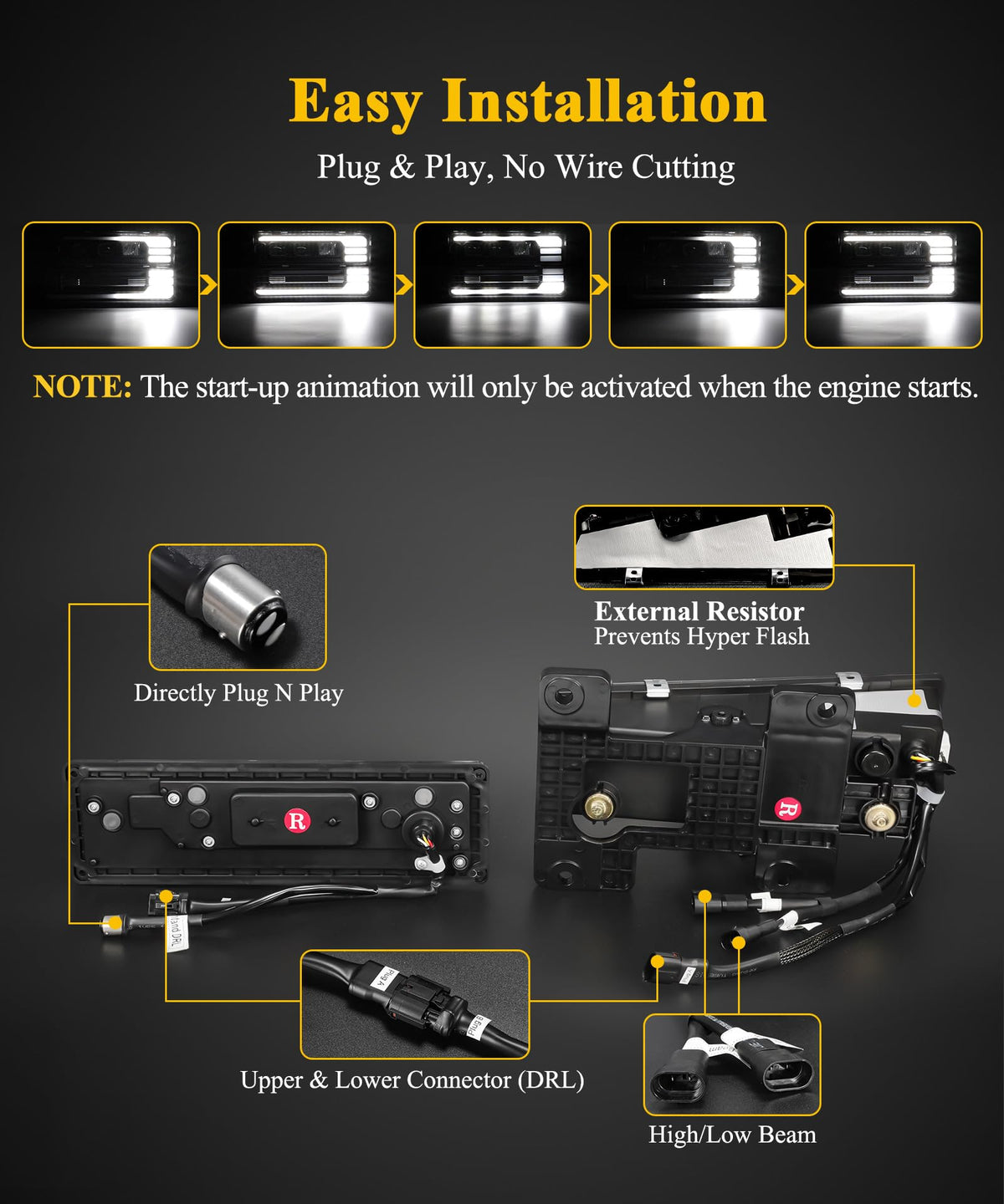 LED Headlights Assembly DOT Approved with Start Animation DRL Sequential Turn Signal Hi/Low Beam Lights Replacement