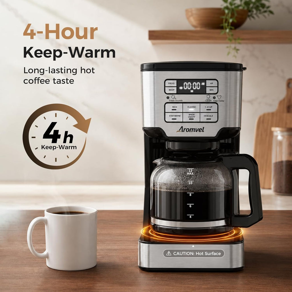12-Cup Drip Coffee Maker Programmable, Adjustable Brew Strength | 24-Hour Delay Brew & 4-Hour Keep Warm, 1-4
