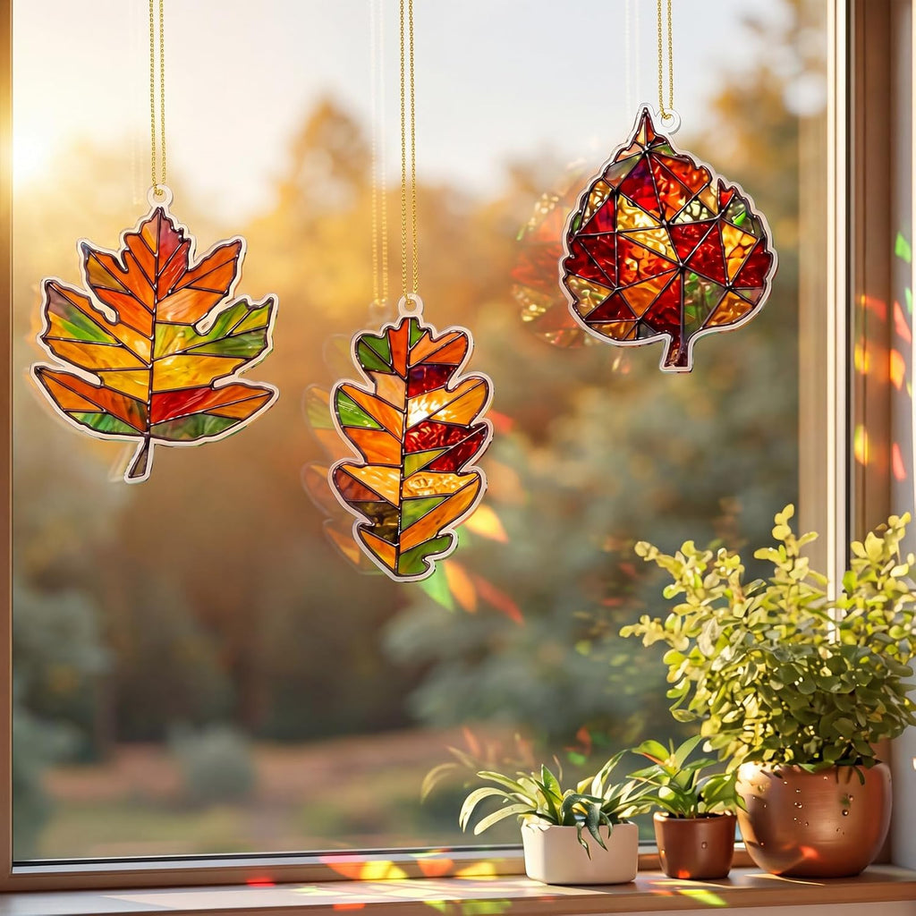 6 Pcs Fall Window Decor Acrylic Maple Leaf Suncatcher Tree Ornaments Stained Glass Style Waterproof Fall Decoration