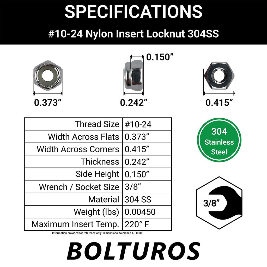 #10-24 Nylon Insert Locknuts 304 Stainless Steel - Pack of 25