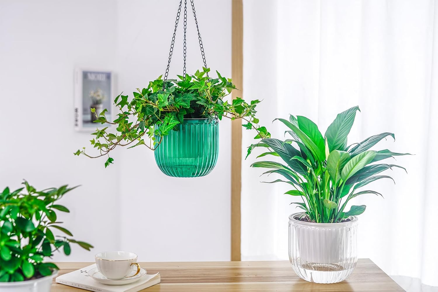 2 Pack Self Watering Hanging Planters Indoor Flower Pots, 6.5 Inch Outdoor Hanging Plant Pot Basket, Plant Hanger