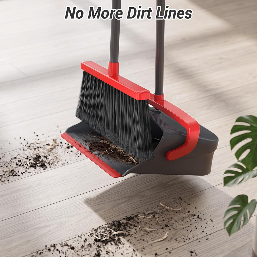 Broom with Dustpan Combo Set, Long Handle Upright Standing Self-Cleaning Broom and Dustpan Set for Pet Hair & Dust