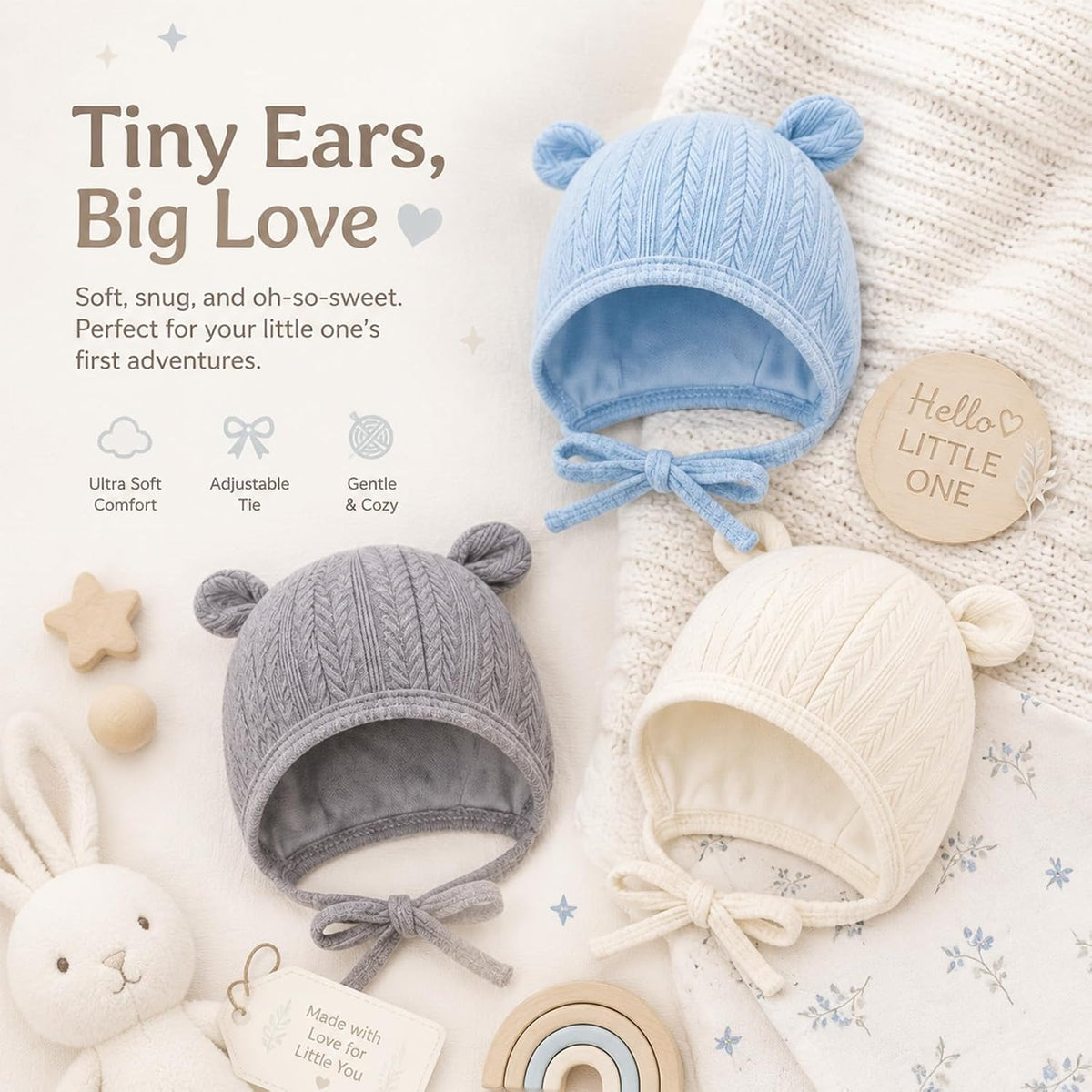 Newborn Hats Baby Beanie Hospital Hat with Ties Preemie 0-3 Months