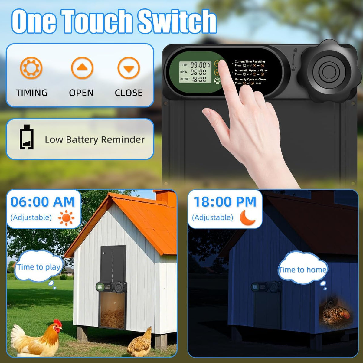 Automatic Chicken Coop Door Opener, Battery Powered & Anti-Pinch Sensor