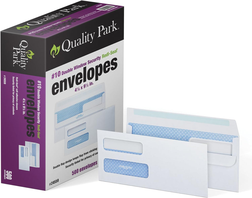 #10 Double-Window Self-Seal Security Envelopes, For Business Statements, Invoices, 4-1/8" x 9-1/2", White, 24-lb, 500