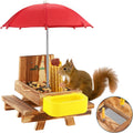 Wooden Squirrel Feeder Table with Water Bowl, Squirrel Picnic Table for Outside with Umbrella, Brown Squirrel Feeder
