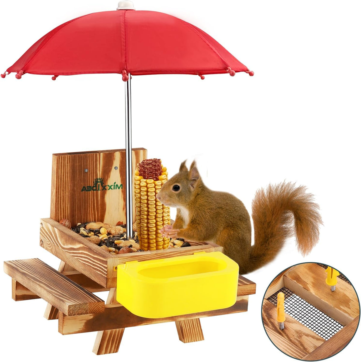 Wooden Squirrel Feeder Table with Water Bowl, Squirrel Picnic Table for Outside with Umbrella, Brown Squirrel Feeder