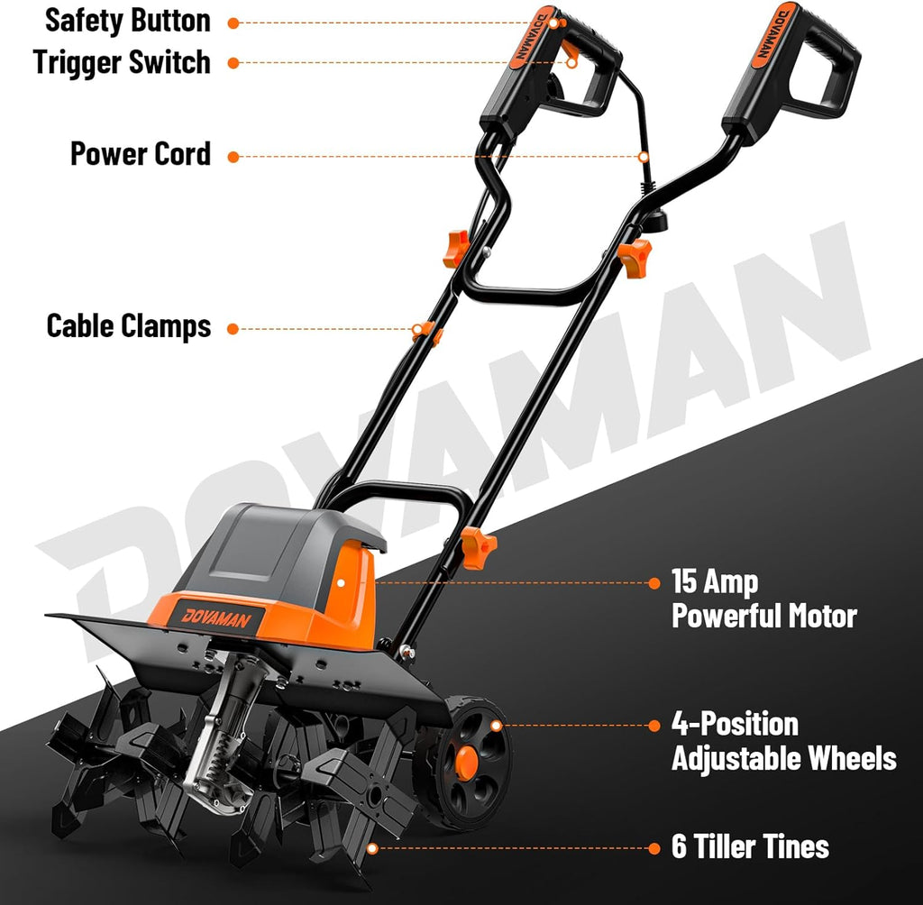 18-Inch Electric Garden Tiller & Cultivator, 15-Amp Corded Rototiller with Up to 9-Inch Tilling Depth, Foldable