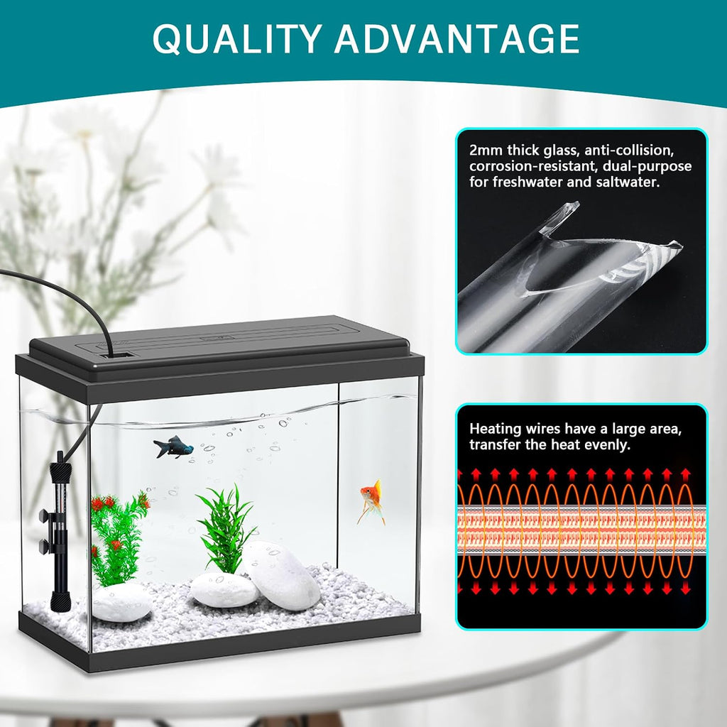 ETL Certification Aquarium Heater, 50W/100W/200W/300W Submersible Fish Tank Thermostat Heater with Firm Double Pair