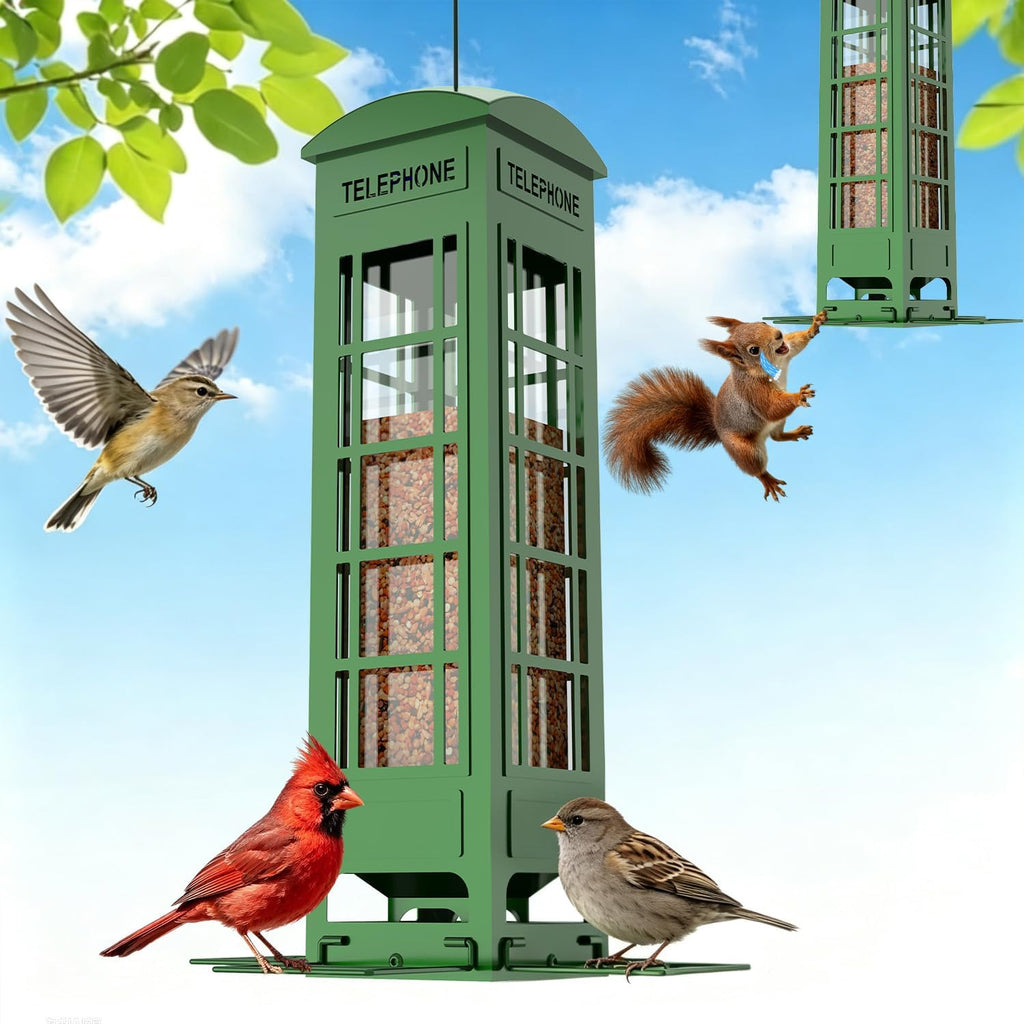 Squirrel Proof Bird Feeder, Heavy Duty Metal Telephone Booth Bird Feeder with Weight Activated Perches, 3 LB Capacity