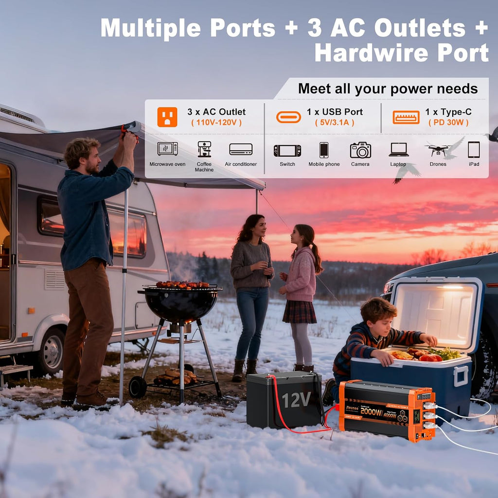 2000W Pure Sine Wave Inverter, 12V DC to 120V AC Power Inverter, 4000W Peak for RV, Truck, Solar, Camping, Home