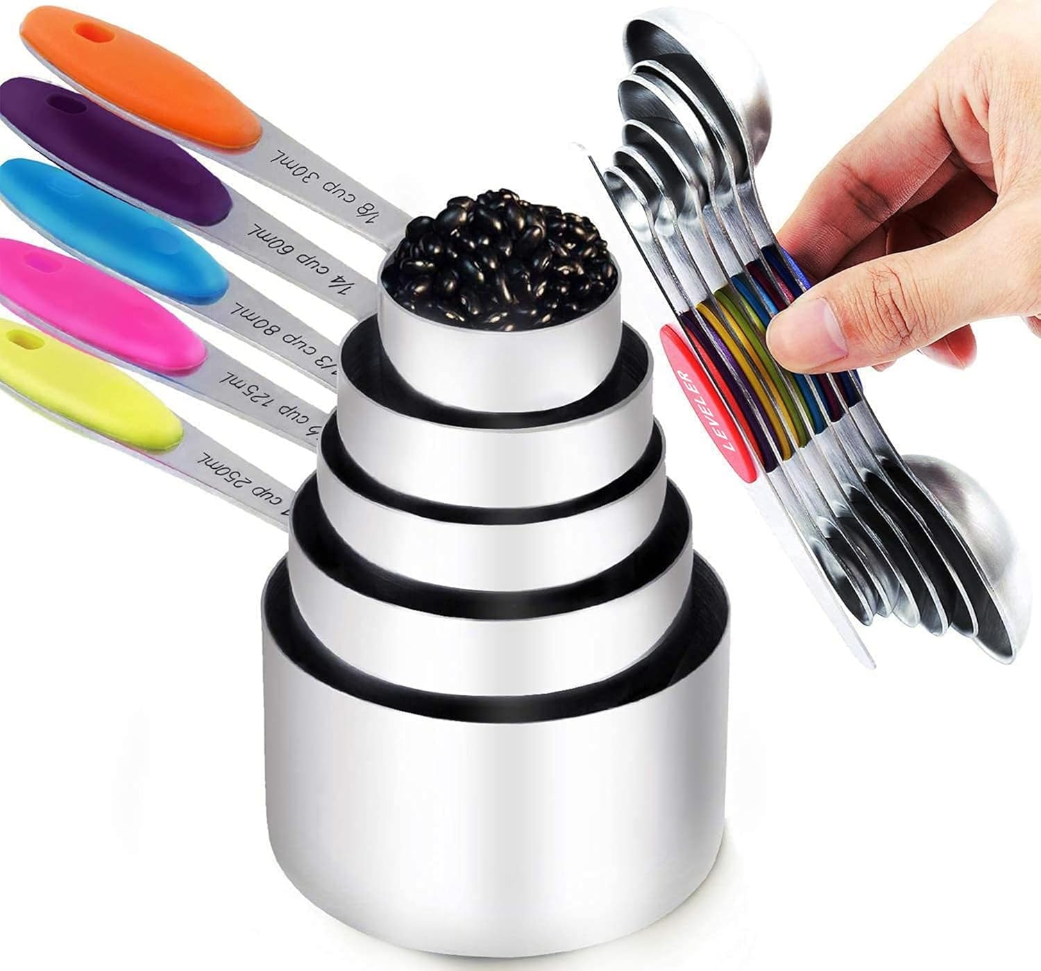 measuring cups and magnetic measuring spoons set, stainless steel measuring cups, 6 double-sided stainless steel