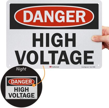 3M Engineer Grade Reflective OSHA Safety Sign, Legend "Danger: High Voltage", 10" high x 14" wide, Black/Red on White