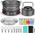 22pcs Camping Cookware Mess Kit, Large Size Hanging Pot Pan Kettle with Base Cook Set for 4, Cups Dishes Forks Spoons