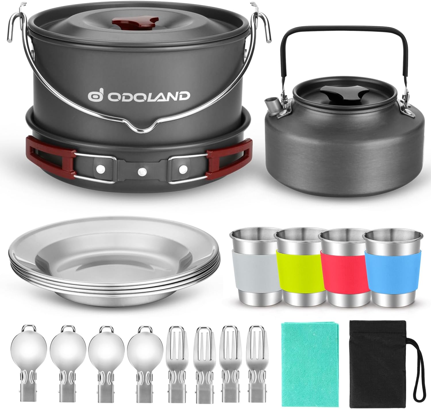 22pcs Camping Cookware Mess Kit, Large Size Hanging Pot Pan Kettle with Base Cook Set for 4, Cups Dishes Forks Spoons