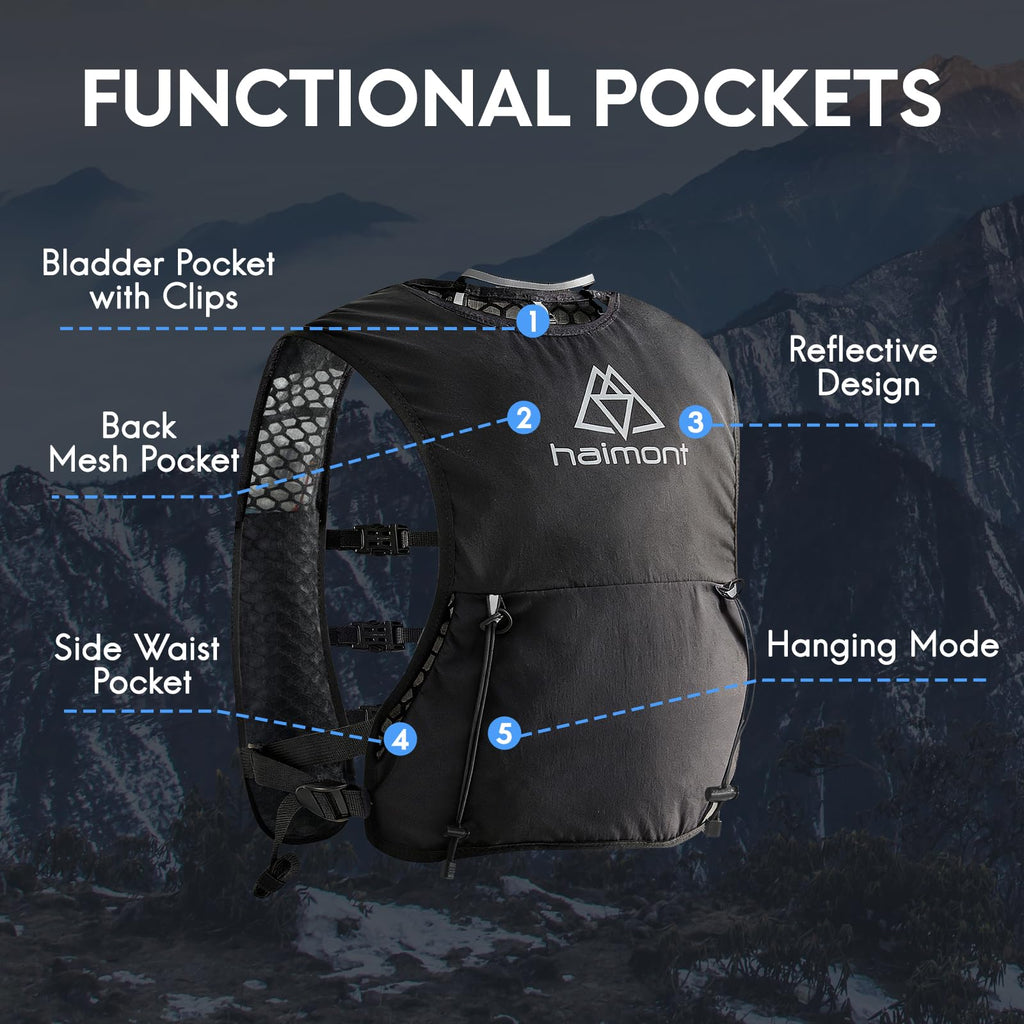 5L Trail Running Hydration Vest with Soft Flasks, Black, M