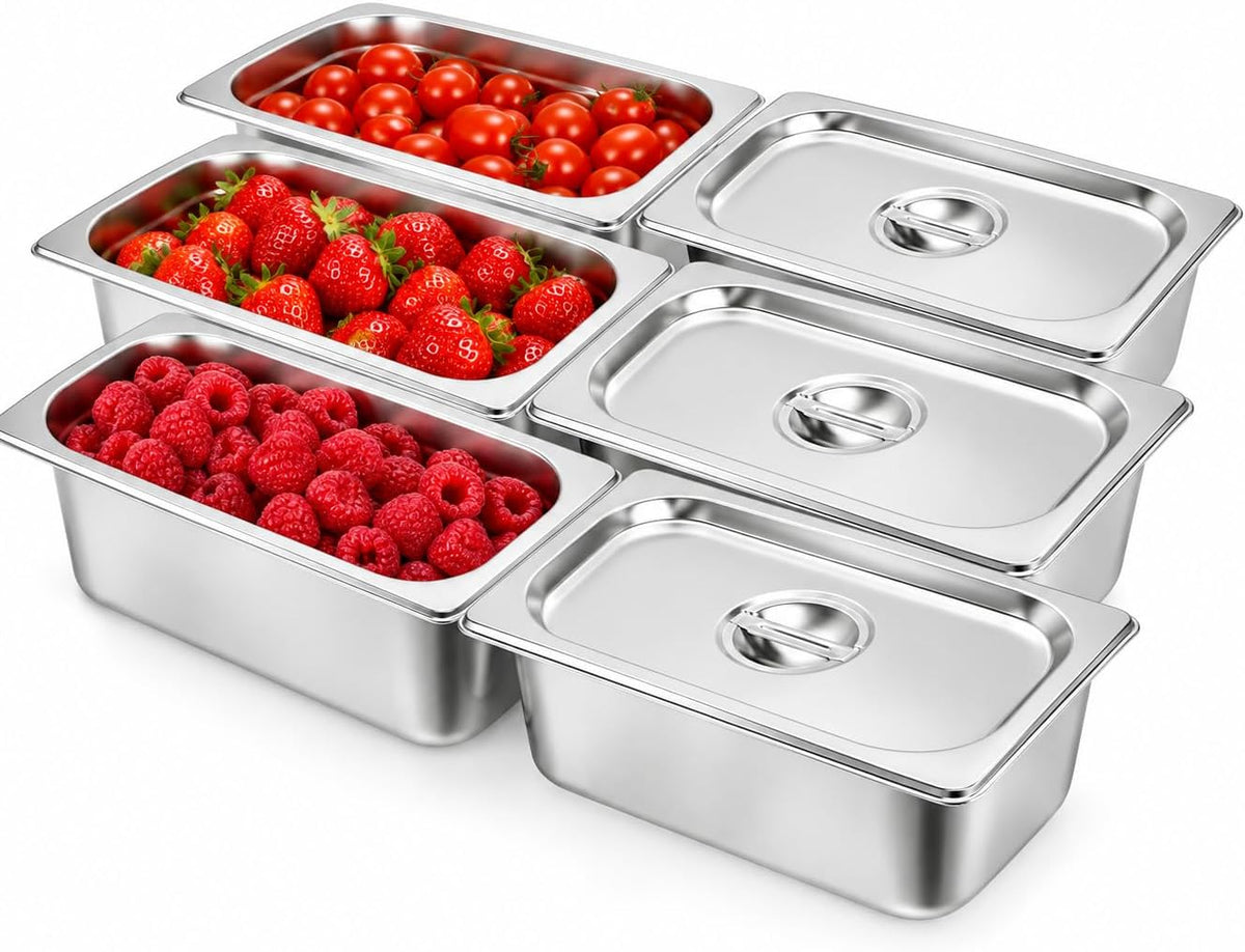 1/3 Size Hotel Pans with Lids, (6 PK) Stainless Steel Food Pans