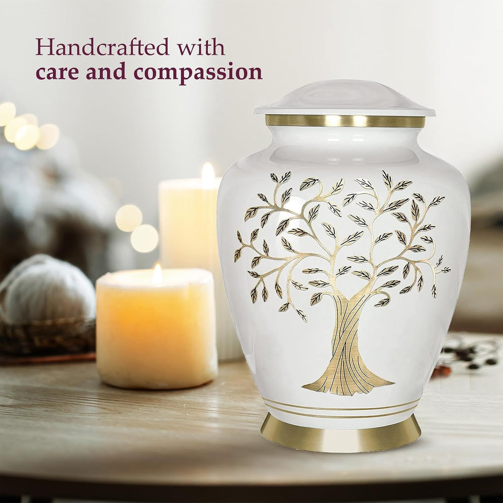 Cremation Urns for Human Ashes, Tree of Life Decorative Burial Urn for Adult Men and Women, Large White