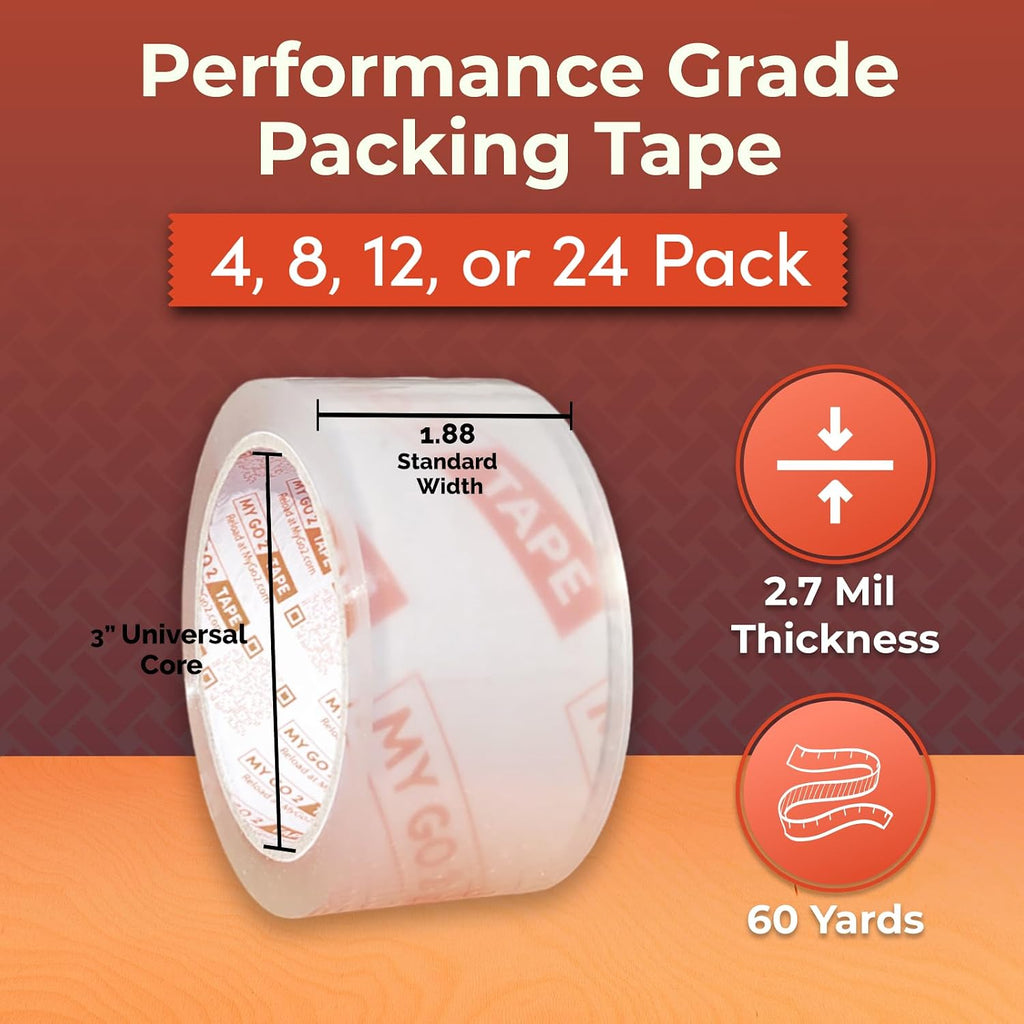 My Go 2 Heavy Duty Packing Tape, 12 Pack, 60 Yard Rolls, Clear, 2.7 MIL, Carton Tape Refill for Shipping, Mailing