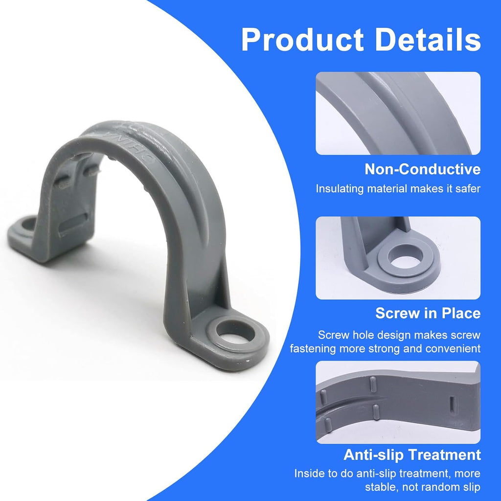 1/2 Inch PVC Pipe Strap, 2-Holes Conduit Pipe Clamps Plastic Pipe Supports (Grey, 20 Pcs)