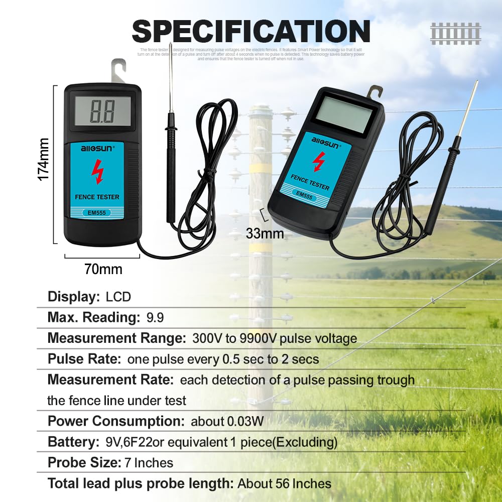 Digital Electric Fence Voltage Tester and Fault Farm Finder, Fence Voltmeter/Grounding Tester LCD Display for 300V to