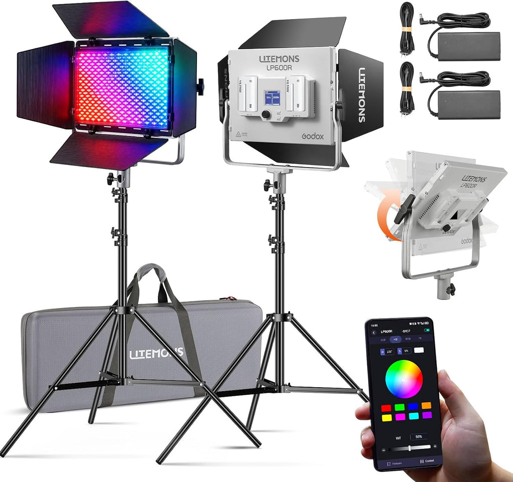 LP600R 60W RGB LED Light Panel 2-Light Kit, 2-Pack with Battery Power, Light Stand, Carrying Case, 1800-10000K