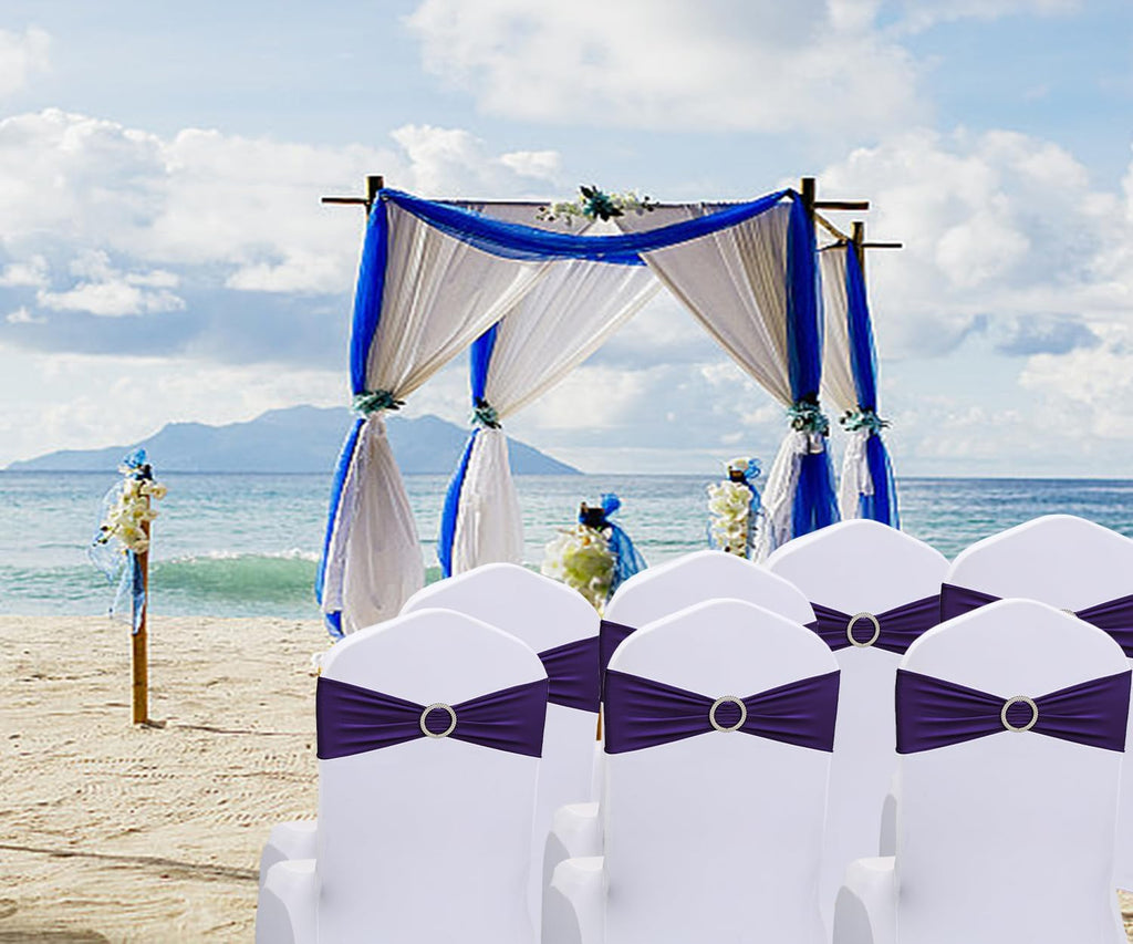 Purple Chair Sashes Bows - 50PCS Stretch Spandex Chair Sashes Bands with Buckles Slider Universal Elastic Chair Ties