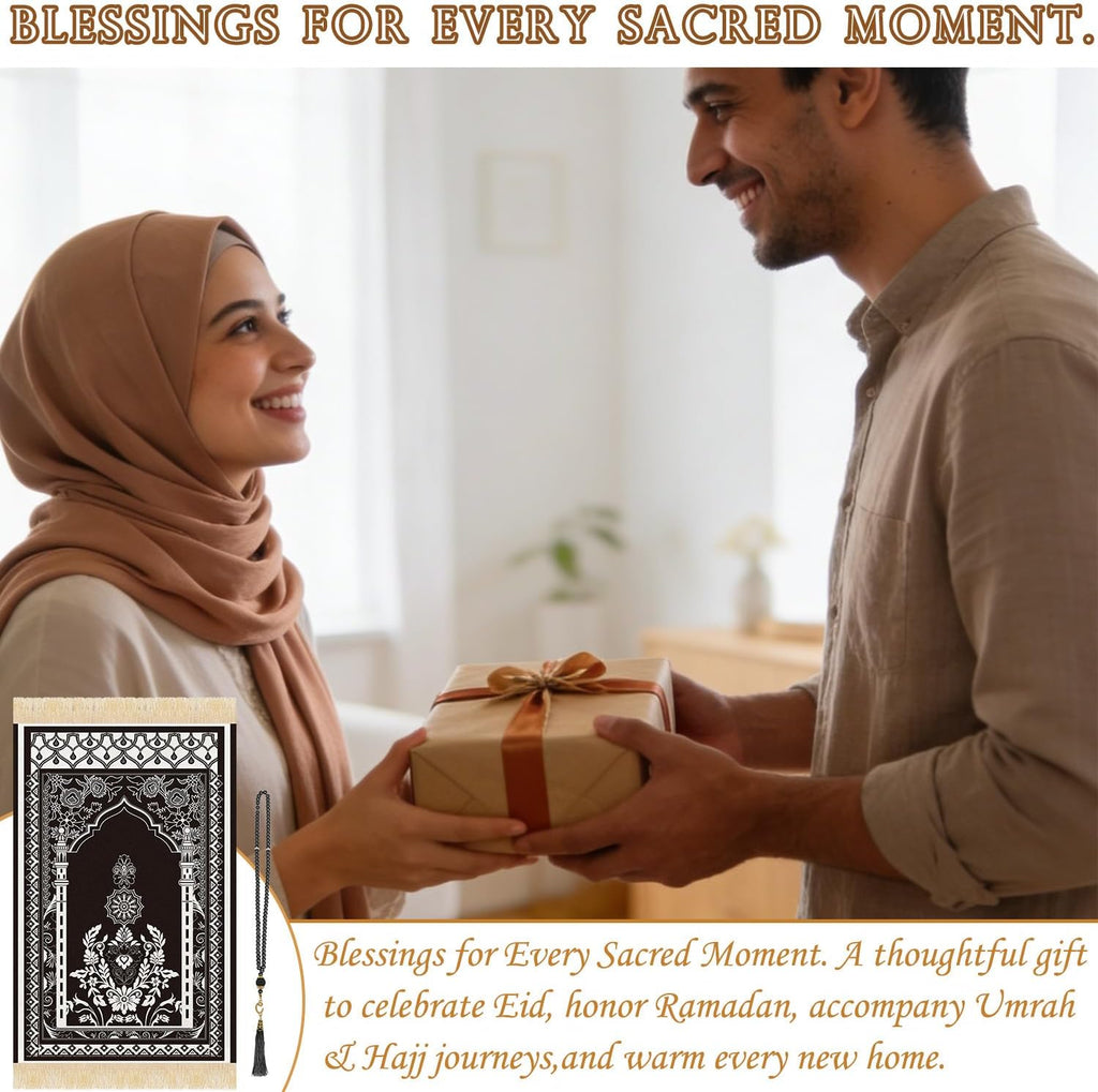 Prayer Mat Ramadan Gifts - Portable Black Prayer Rug Islamic Muslim Tasbih Beads, Praying Carpet for Islamic Man