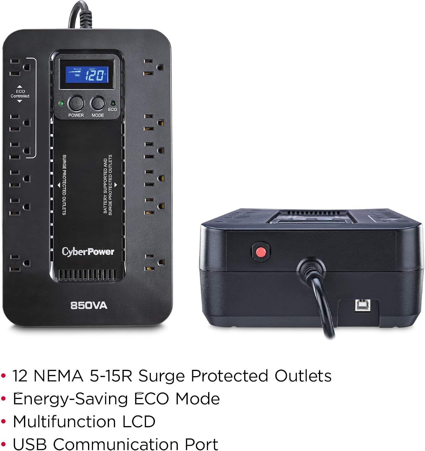 EC850LCD Ecologic UPS Battery Backup and Surge Protector | 850VA/510W, 12 Outlets, ECO Mode, Compact, UL Certified