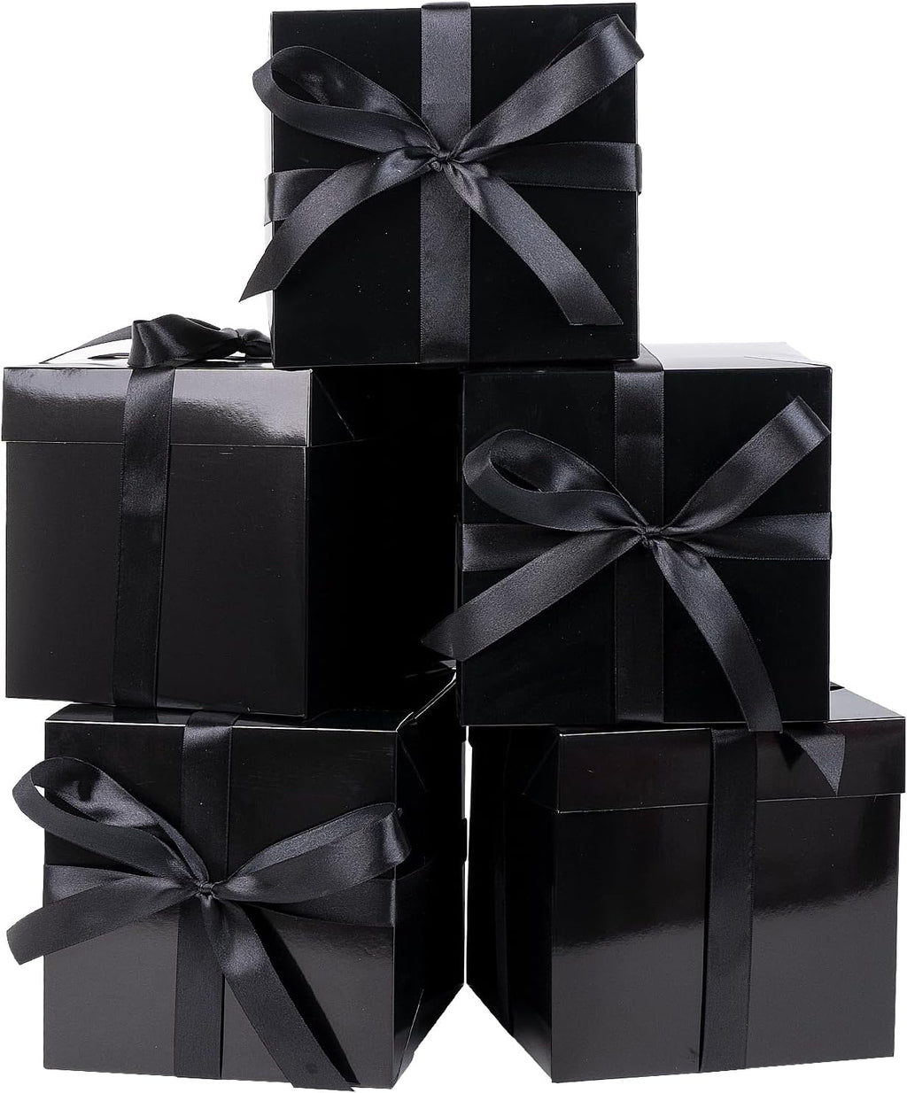 5 Pack Black Gift Boxes with Lids, Ribbons and Tissue Papers Square Gift Boxes - 7.1 Inch - Birthday, Wedding