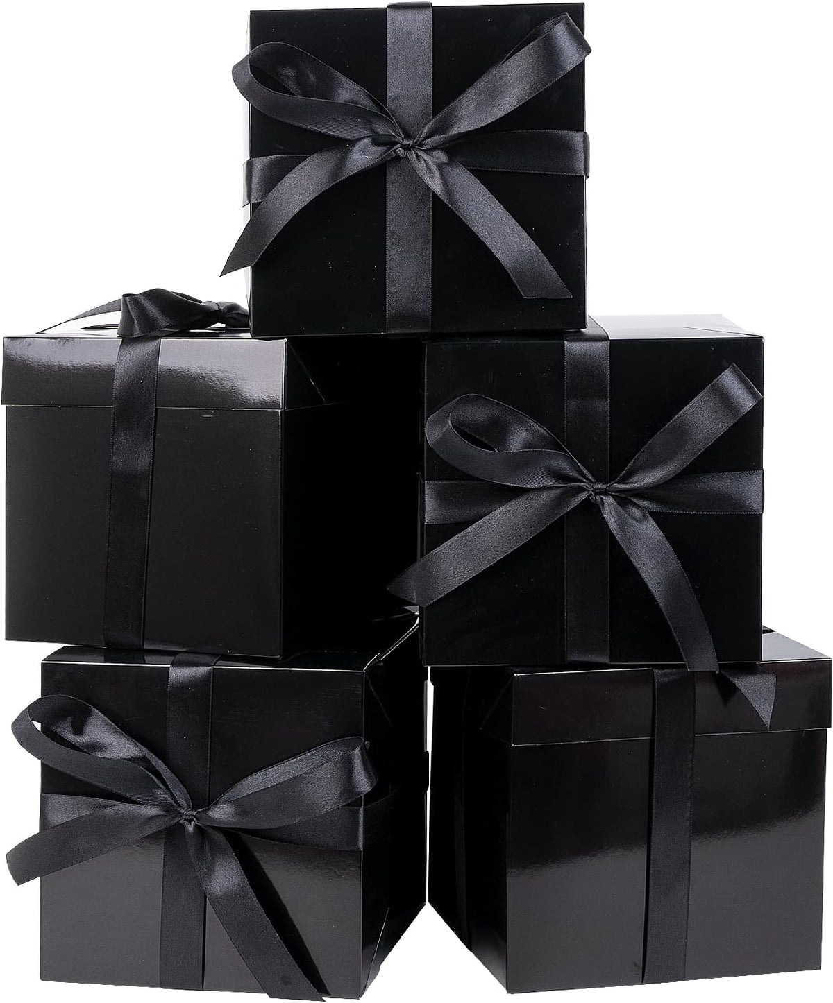 5 Pack Black Gift Boxes with Lids, Ribbons and Tissue Papers Square Gift Boxes - 7.1 Inch - Birthday, Wedding