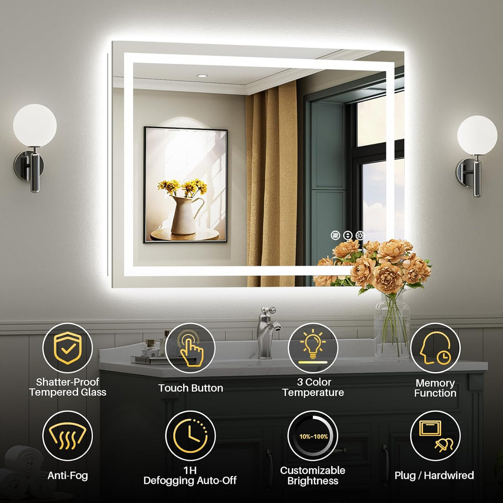40x32 Inch LED Bathroom Mirror with Lights, Backlit & Front Lit | Anti-fog, 3 Color Dimmable, Memory Function, HD