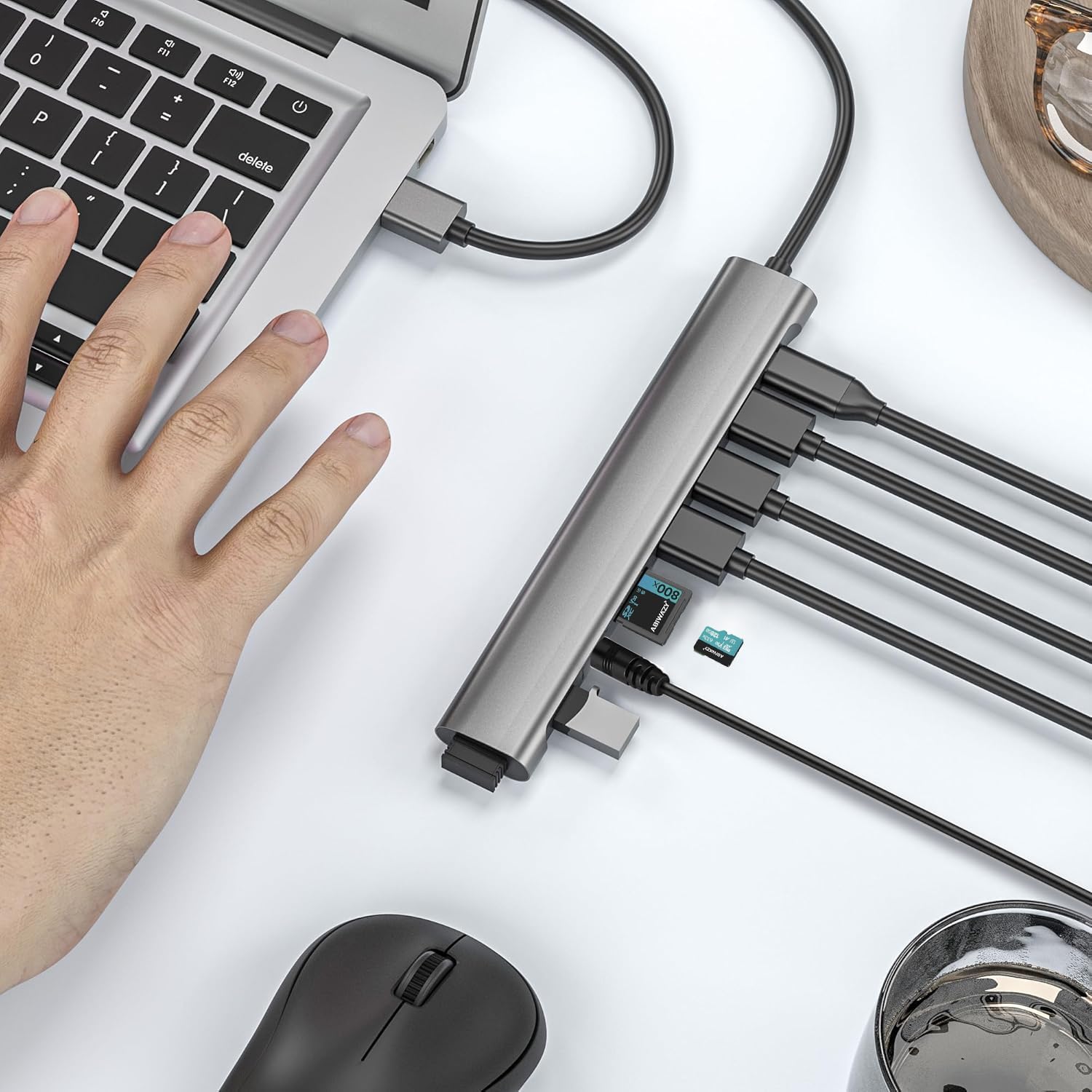USB Hub Long Cable, 9 Ports USB 3.0 Adapter with 4 USB 3.0 Data Ports,SD/TF Card Slot,3.5mm Jack,USB-C Data,USB