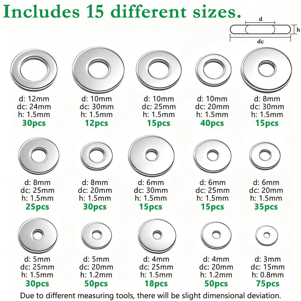 455PCS Fender Washers Assortment, 304 SS, 15 Metric Sizes, M3-M12