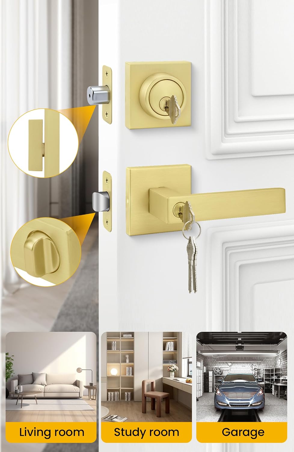 Exterior Door Lock Set Gold Front Door Lock Set, Heavy Duty Zinc-alloyed Front Door Handle and Deadbolt Set (1 Pack)