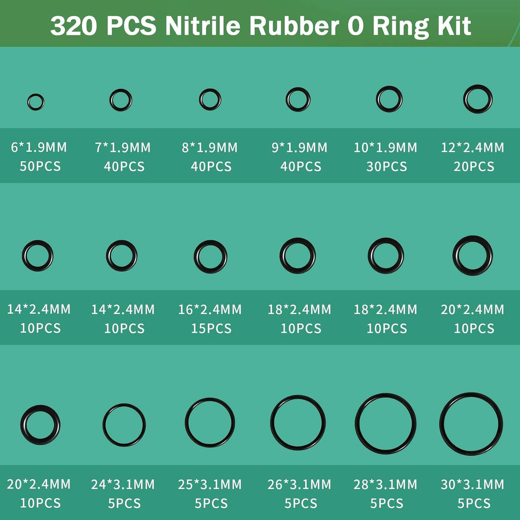 320Pcs Black Small Nitrile Rubber O-Ring Assortment Kit