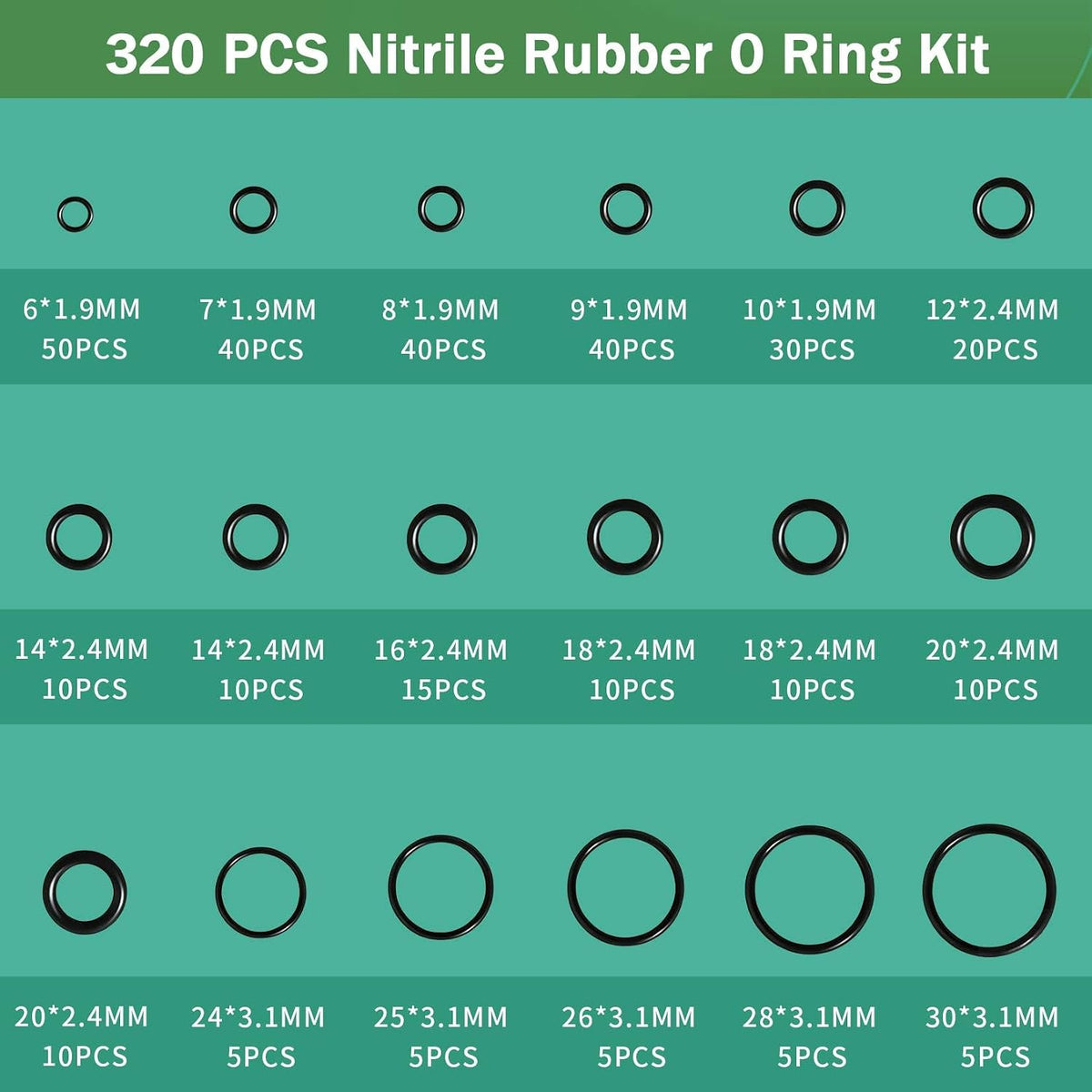 320Pcs Black Small Nitrile Rubber O-Ring Assortment Kit