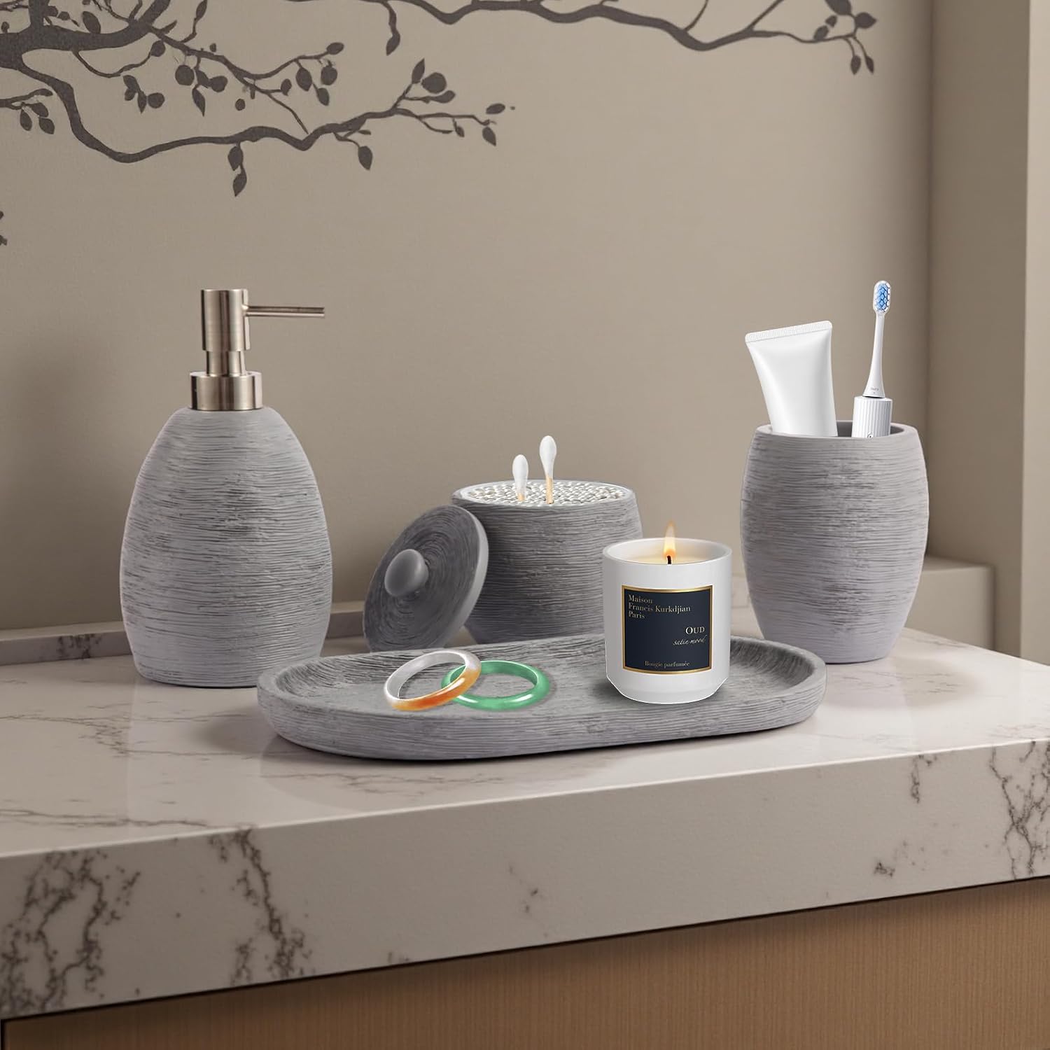 Modern Grey Bathroom Accessory Set,4 Pcs Luxury Bathroom Set | Resin Material,Includes Lotion Dispenser,Cotton Swab
