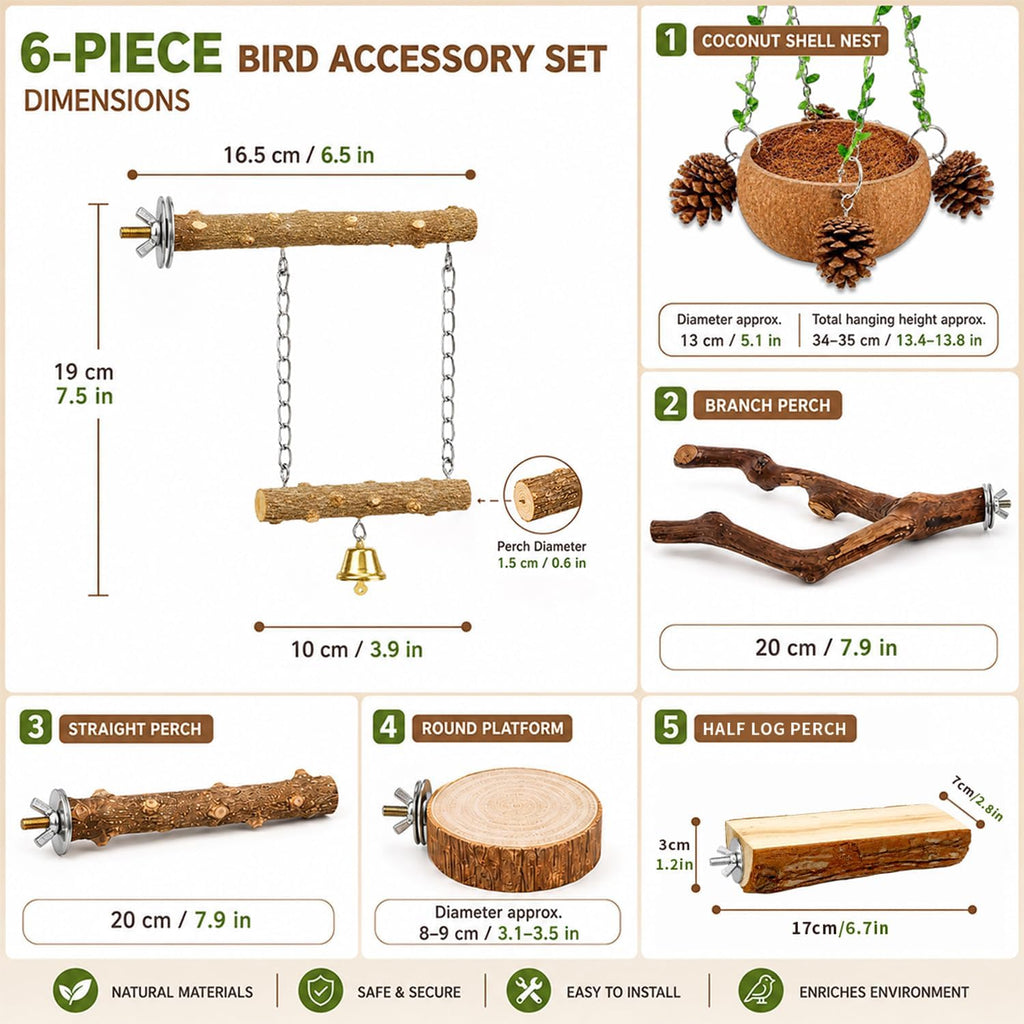 Bird Perch Bird Cage Accessories Parrot Toys Natural Wood 6Pcs Set for Parakeet Cockatiel Conure Lovebird Small