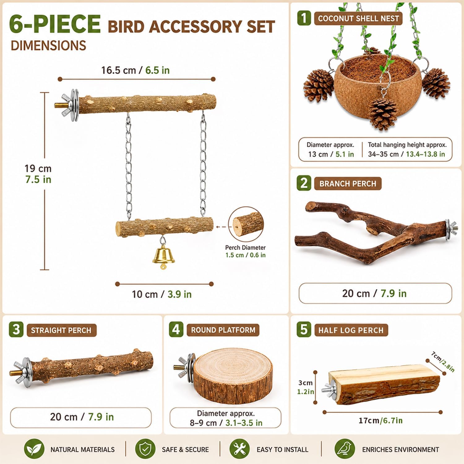 Bird Perch Bird Cage Accessories Parrot Toys Natural Wood 6Pcs Set for Parakeet Cockatiel Conure Lovebird Small