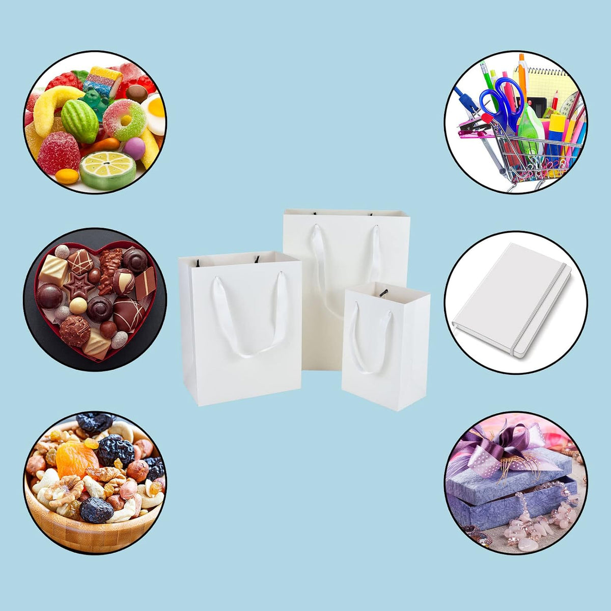 White Assorted Gift Bags with Handles, 10 Sets for 3 Sizes