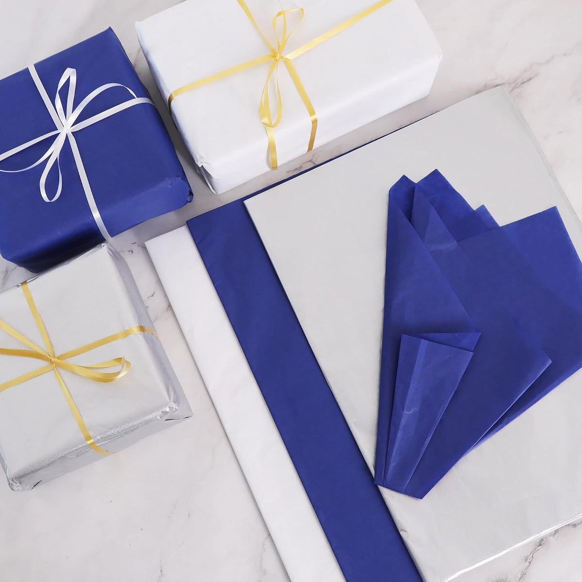 90 Sheets Blue White Silver Tissue Paper Bulk for Gift Wrapping